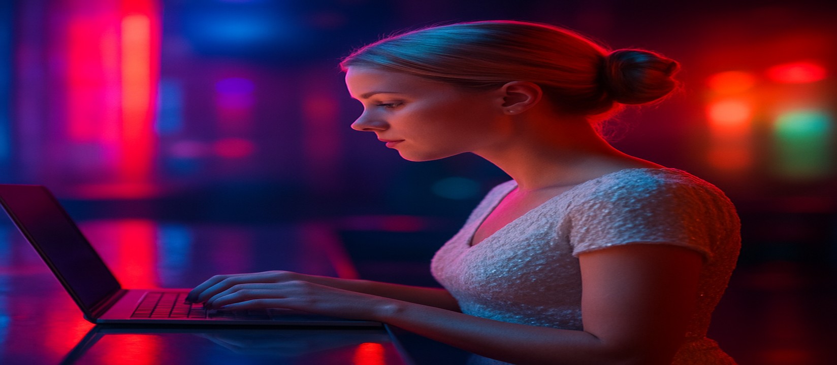 নিয়ন আলোয় জ্বলে উঠছে; একজন নারী ল্যাপটপে এভিয়েটর-ধাঁচের গেম খেলছেন