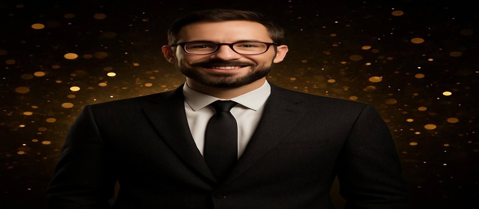 চকচকে কালো স্যুটে পরা একজন আত্মবিশ্বাসী ব্যক্তি, আশপাশে ঝলমলে সোনালি আলো, bkok