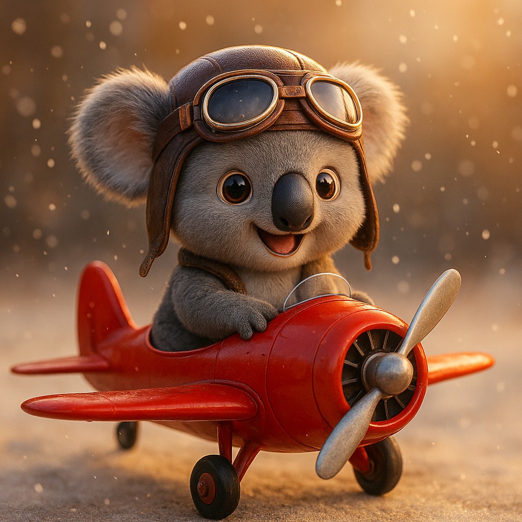 লাল রঙের প্রপেলার বিমানটি আকাশে উড়ছে, কার্টুন-স্টাইলের পাইলটসহ