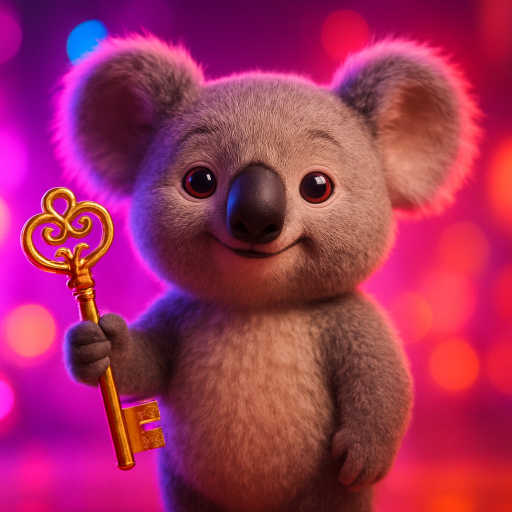 bkok উজ্জ্বল গেমিং প্রেক্ষাপটে সোনালি চাবি হাতে আনন্দিত একজন চরিত্র