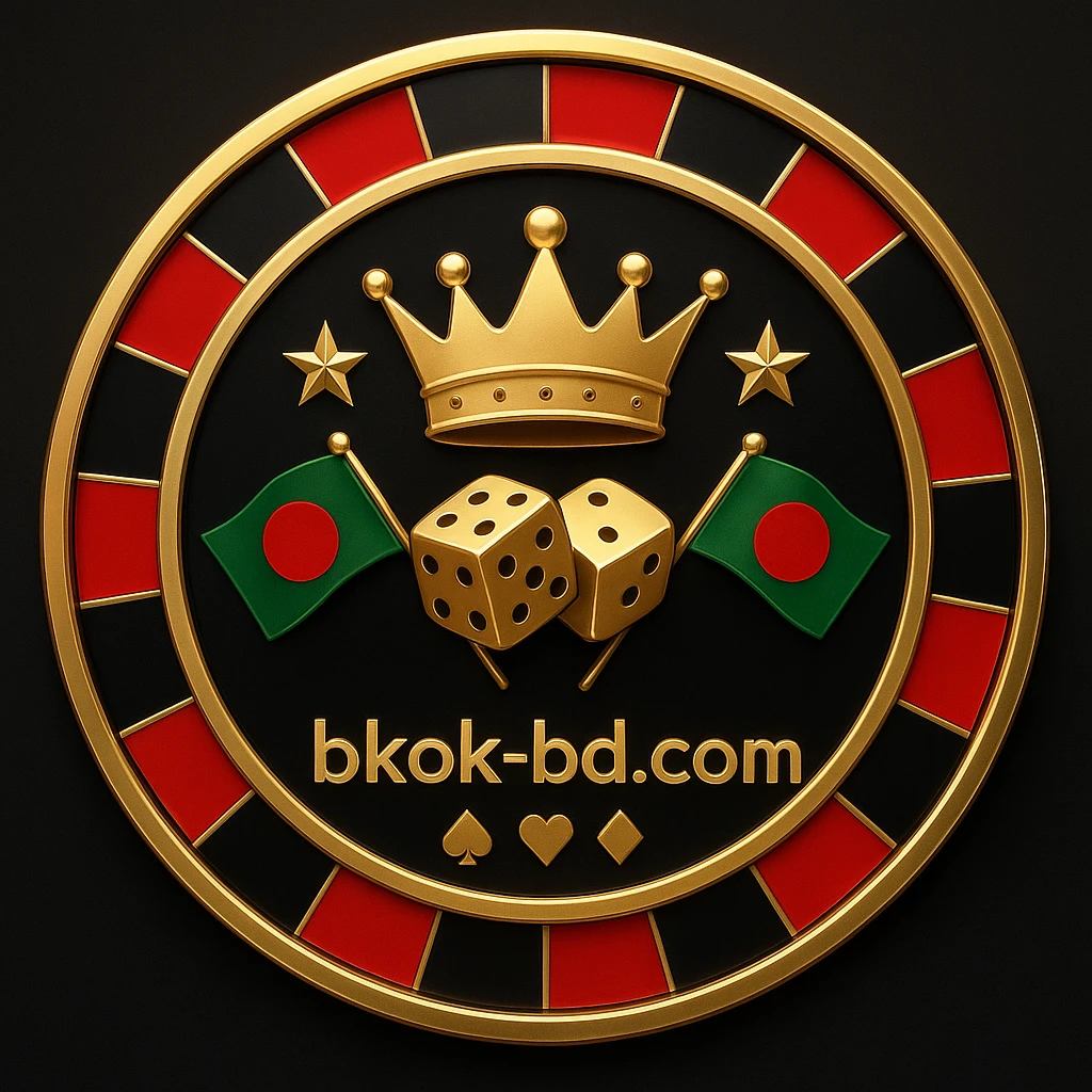 bkok লোগোসহ সোনালি গেমিং প্ল্যাটফর্ম-চিপ, মুকুট, তারা, বাংলাদেশের পতাকা ও কার্ড-চিহ্ন