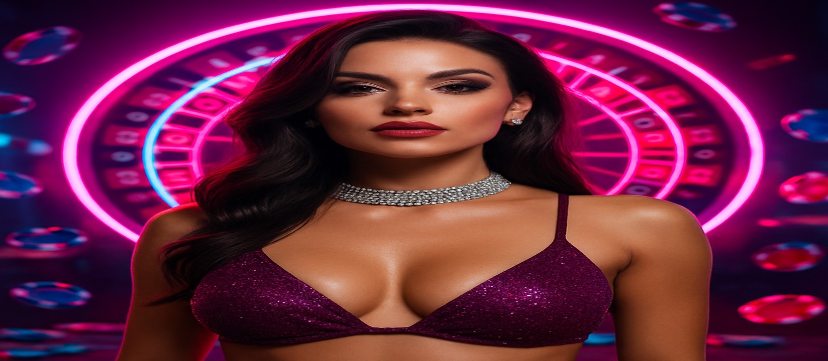 ঝলমলে বেগুনি পোশাকে এক নারী, পেছনে আলোকিত খেলার চক্র-চিহ্ন ও উড়ন্ত গেমিং প্ল্যাটফর্ম চিপ