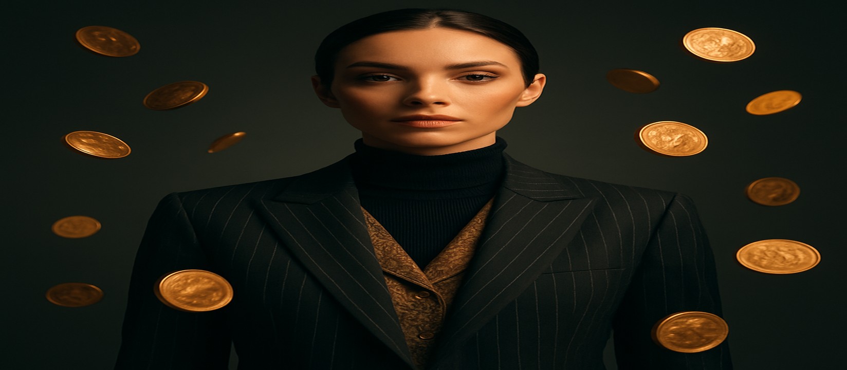 কালো ডোরাকাটা পোশাকে সোনালি আভায় ভরা এক নারী, চারপাশে ভাসমান সোনার কয়েন