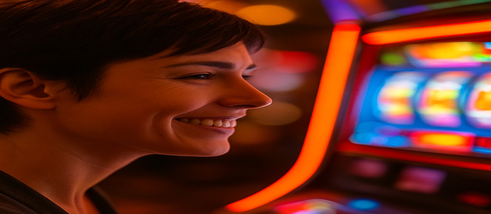 bkok রঙিন আলোয় হাসিখুশি একজন নারী আর্কেড গেম খেলছেন